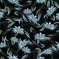  Seamless texture. Multicolor pattern of  flowers, feathers and leaves. Embroidery colorful simplified.