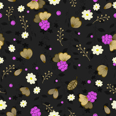  Seamless texture. Multicolor pattern of  flowers, berry and leaves. Embroidery colorful simplified. 