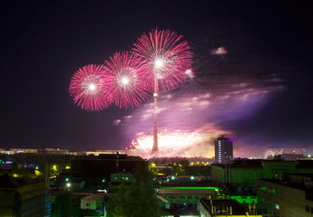 Beautiful fireworks after sunset over Moscow 