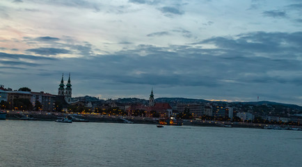 Panorama of the Danube river. View of Budapest. Old buildings of the Hungarian Parliament and medieval temples and buildings.