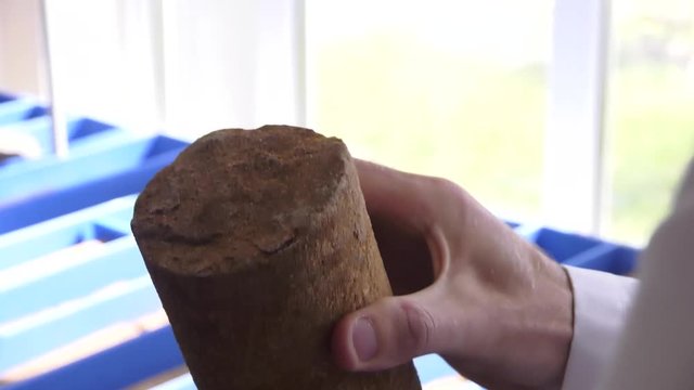Core samples. Core samples in the hands of a geologist. First person perspective view of a geologist doing the inspection of an HQ size drill core for a mining exploration and drilling operation.