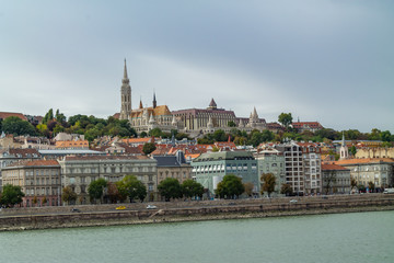 Panorama of the Danube river. View of Budapest. Old buildings of the Hungarian Parliament and medieval temples and buildings.