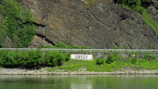 Loreley Rock at the Rhine River  with the City St. Goar in the background, region Rhineland-Palatinate, Germany St. Goar, Central Europe, july 2017