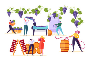 Winery Factory. Wine Production Process Set. Winemaker Character Crushing Fermentation Bottling Red Grape Alcohol Drink to Wooden Barrel with Old Vineyard Technology Flat Cartoon Vector Illustration