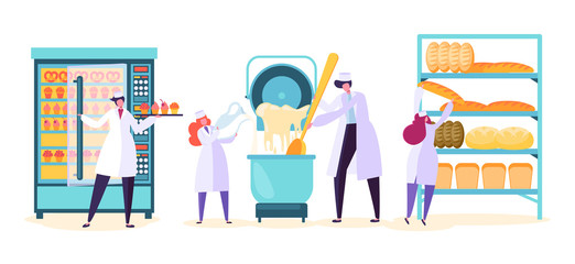 Bread Cake Production Machine Set. Sweet Pastry Bake Process Industry Equipment Collection with Business Character Worker. Dough in Modern Manufacture Flat Cartoon Vector Illustration