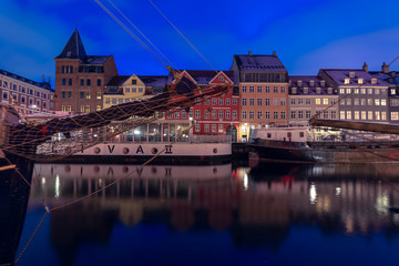 Nyhavn christmas market during night with colorful christmas decorations