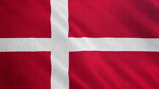 Denmark flag is waving 3D animation. Symbol of Dan national on fabric cloth 3D rendering in full perspective.