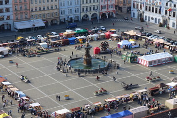 View from Black Tower (Černá věž) to Samson´s fountain on Přemysl Otakar II. square in České Budějovice, South Bohemia, Czech republic