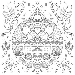 New year theme black and white poster with decorations, ribbon and snowflakes. Coloring book page for adults and kids. Flat  illustration for gift card, flyer, certificate or banner.