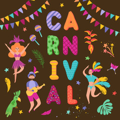 Brazil Carnival Festive Set with Dancing Characters Woman and Man in Traditional Costumes. Brazilian Samba Dancers Rio de Janeiro. Vector illustration
