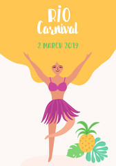 Brazil Carnival Banner with Dancing Woman. Rio de Janeiro Traditional Festival with Girl Character in Festive Costume for Invitation, Poster, Card. Vector illustration