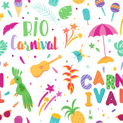 Brazilian Carnival Seamless Pattern. Brazil Samba Carnival Background with Toucan and Tropical Elements. Rio de Janeiro Festival. Vector illustration