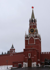 Fototapeta na wymiar Red square, Moscow Kremlin, Large Spasskaya tower. December 2018