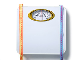 Naklejka premium White weighing scale centimeter on a white background isolation, top view
