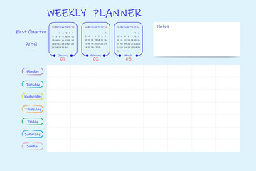 Calendar for first quarter of 2019 year with weekly planner