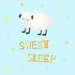 Cute vector illustration with sleeping sheep and inscription 