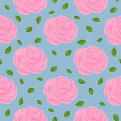 Camellia big motif and leaves half drop repeat vector seamless pattern background
