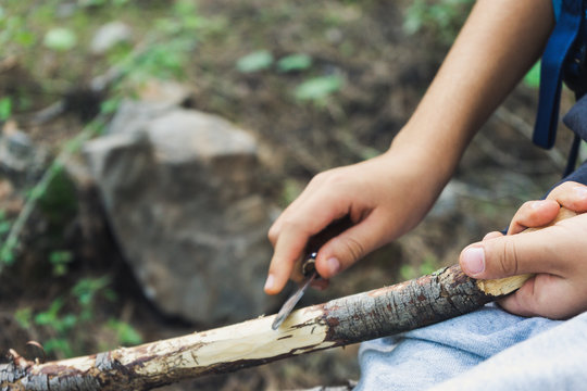 Mano de un ni&ntilde;o con navaja quitando corteza rama en bosque