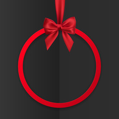 Bright holiday round frame banner hanging with red ribbon and silky bow  on black background. Vector illustration