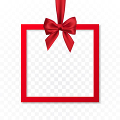 Bright holiday gift box frame banner hanging with red ribbon and silky bow on transparent background. Vector illustration