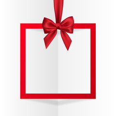 Bright holiday gift box frame banner hanging with red ribbon and silky bow on white background. Vector illustration