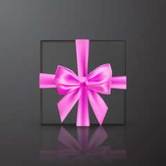 Realistic black gift box with pink bow and ribbon. Element for decoration gifts, greetings, holidays. Vector illustration