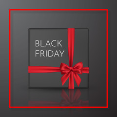 Black Friday. Realistic black gift box with red bow and ribbon. Element for decoration gifts, greetings, holidays. Vector illustration