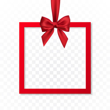 Bright Holiday Gift Box Frame Banner Hanging With Red Ribbon And Silky Bow On Transparent Background. Vector Illustration