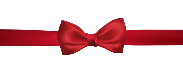 Realistic red bow with horizontal red ribbons isolated on white. Element for decoration gifts, greetings, holidays. Vector illustration