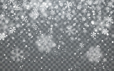 Christmas snow. Falling snowflakes on dark background. Snowflake transparent decoration effect. Xmas snow flake pattern. Magic white snowfall texture. Winter snowstorm backdrop illustration