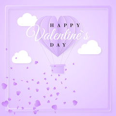 Happy valentines day retro invitation card template with origami paper hot air balloon in heart shape. Purple background. Vector illustration