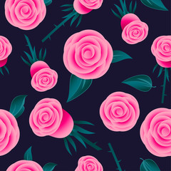 Pink roses seamless pattern. Flowers with leaves on dark background. Original simple flat illustration. Floral design.