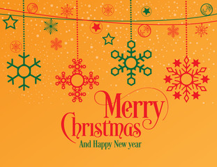 Merry Christmas And Happy New Year Typographical Inscription Decorated With Star And Snowflake. Merry Christmas Vector Illustration.