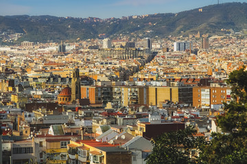 View from El Poble-sec in Barcelona - obrazy, fototapety, plakaty