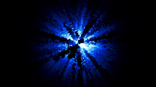 Beautiful, abstract, volume ball with many curved lines rays rotating around its axis. Neon, blue ball with bended lines on black background.