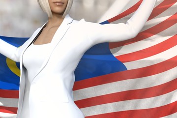 pretty business lady holds Malaysia flag in hands behind her back on the office building background - flag concept 3d illustration