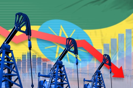 lowering, falling graph on Ethiopia flag background - industrial illustration of Ethiopia oil industry or market concept. 3D Illustration