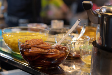 Food on display by street vendors.