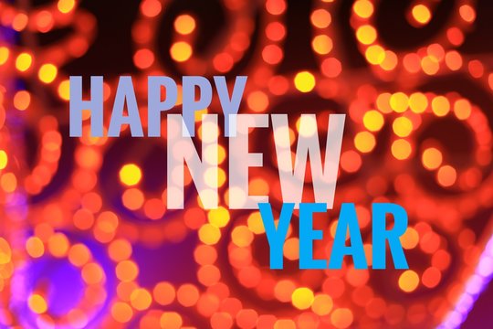 Happy new year with 2019 Numbers for greeting card. Blurred and bokeh neon lights for happy new year concept, selective focus and free space for text.