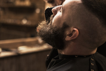 Man visiting hairstylist in barber shop