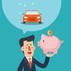 Business man holds piggy bank in his hand and dreams about a car. Saving and investing money concept. Future financial planning concept