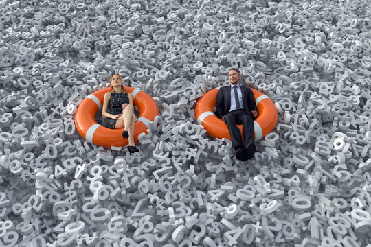 two people are floating on the sea of digits