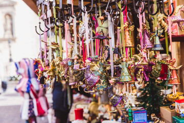 Multicolored Christmas decorations in Budapest Christmas market.