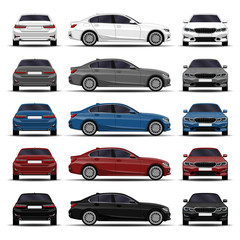 realistic cars set. sedan. front view; side view; back view. - obrazy, fototapety, plakaty