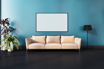 Modern bright interiors with mock up poster frame illustration 3D rendering computer generated image