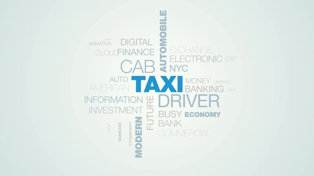 taxi driver cab automobile city word cloud apear on the white blue gradient background, also used animated contemporary commerce metropolitan passenger word as background in uhd 4k 3840 2160