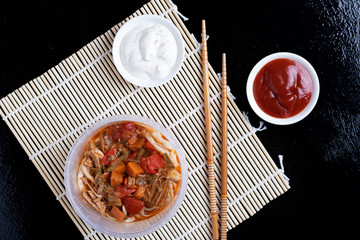 copy space, asian noodles with chopsticks