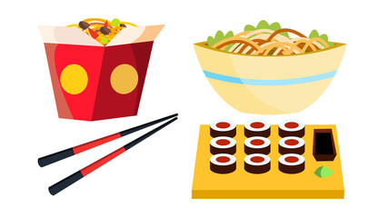 Takeaway Chinese Food Vector. Box Noodles. Chopsticks. Tasty Lunch Menu. Isolated Flat Cartoon Illustration