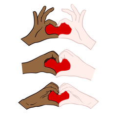 Hand-drawn vector comic hands of a fair-skinned woman and a dark-skinned woman forming a heart and symbolizing love. White, red, blue, purple, heart, isolated graphic.