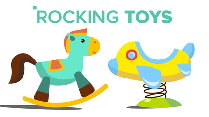 Rocking Toys Vector. Horse, Plane. Child, Kid Playground. Isolated Flat Cartoon Illustration